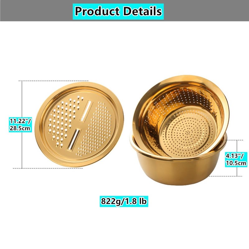 QOBIMOON 3PC/Set Colander set Stainless Steel Vegetable Slicer Fruit Potato Peeler Carrot Grater Strainer Utensil Round Rice Washer Bowl Drain Basket-Gold - Image 5